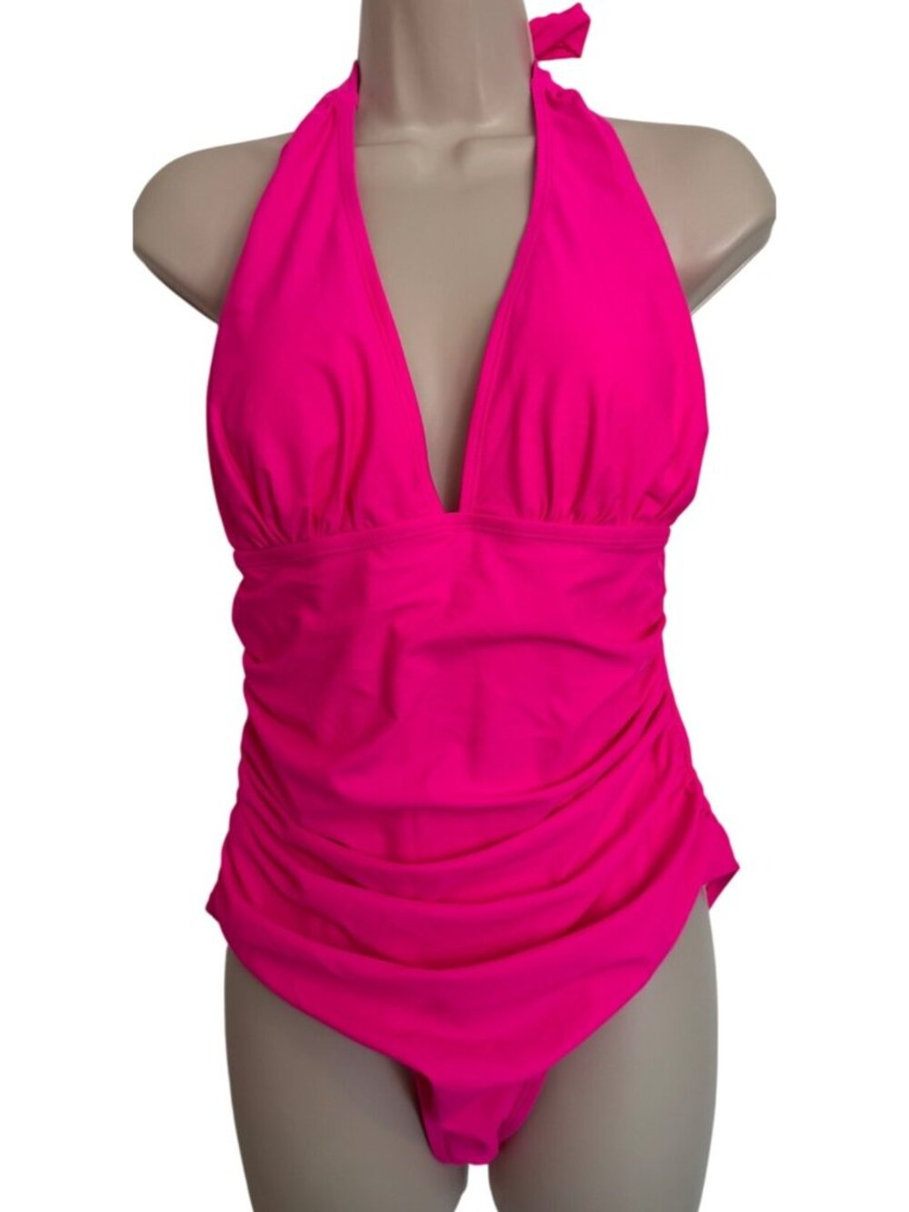 A Image One Piece Size Large Ruched Pink Swimsuit NWT Halter Neck Padded Aimage